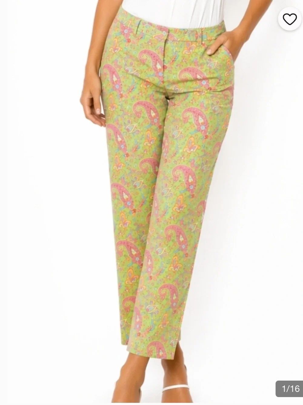 Lauren Ralph Lauren Green Pink Paisley Ankle Pants Size 14 Preppy Coastal Resort